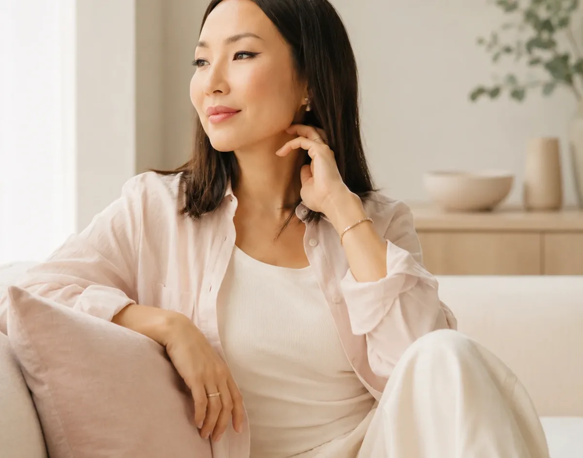 Woman smiling calmly at home with a warm drink
