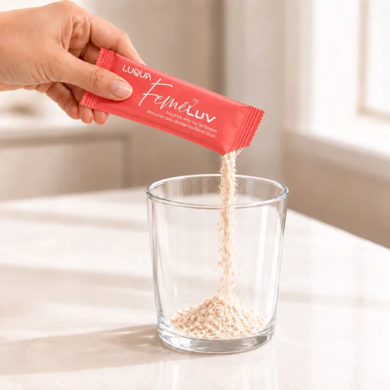 Emptying one FemeLuv sachet into a glass
