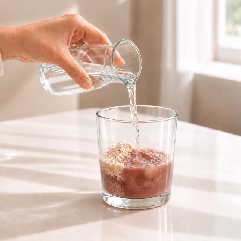 Pouring water into the glass with FemeLuv powder