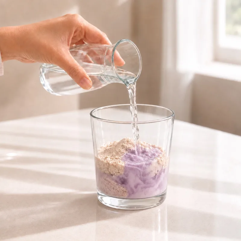 Pouring water into the glass with MenoLuv powder