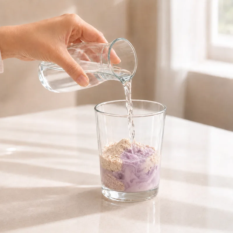 Pouring water into the glass with MenoLuv powder